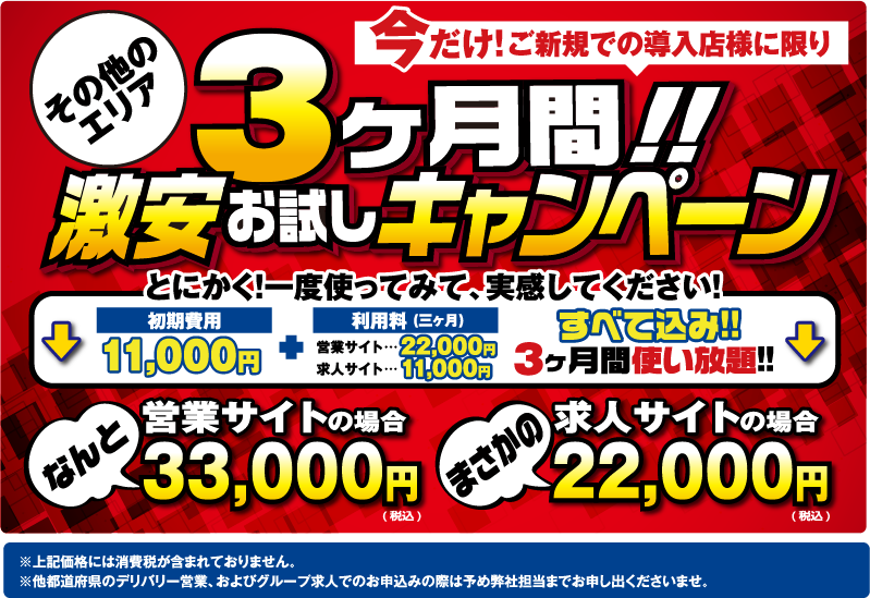 その他のエリア　３ヶ月激安お試しキャンペーン！！営業サイトの場合なんと30,000円（税抜き）求人サイトの場合まさかの20,000円（税抜き）